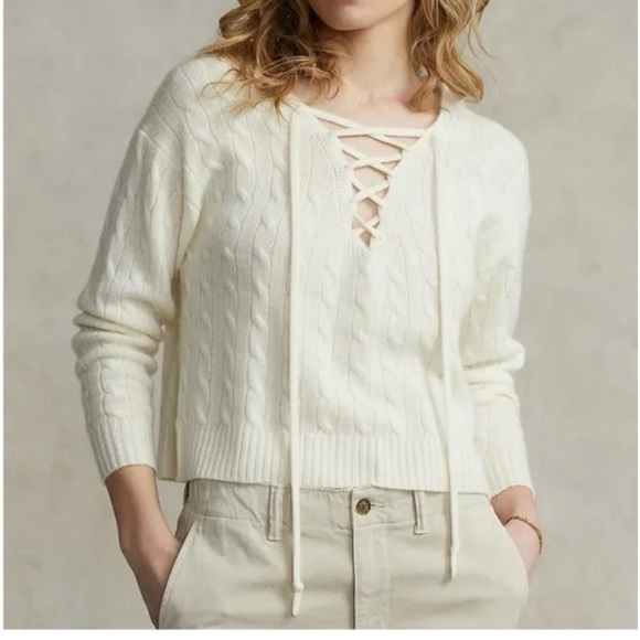 Polo Ralph Lauren 100% Cashmere Lace-Up Cable Knit Sweater in Cream Size XS - Picture 1 of 11